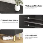 Set of 2 Fluted Black Storage Cabinets, Modern 3-Door Sideboard Buffet Cabinet with Adjustable Shelves and Metal Legs, Accent Cabinet for Kitchen, Living Room, Entryway (Black & Gold)