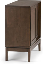 SIMPLIHOME Harper SOLID WOOD 30 inch Wide Mid Century Modern Low Storage Cabinet in Walnut Brown, with Large Space Behind 2 Sliding Notched Handle Doors with 2 Adjustable Shelves