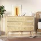 Rattan Dresser for Bedroom, 7 Drawer Rattan Dresser with Gold Handles, Boho Wood Dressers & Chest of Drawers for Bedroom