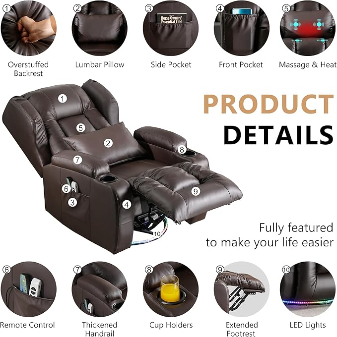 Power Swivel Rocker Recliner Chairs, Electric Wall Hugger Reclining Sofa with Massage & Heat, Comfy Theater Seating Single Sofa with LED Light/USB/Type-C Ports (Leather Brown, Single Chair)