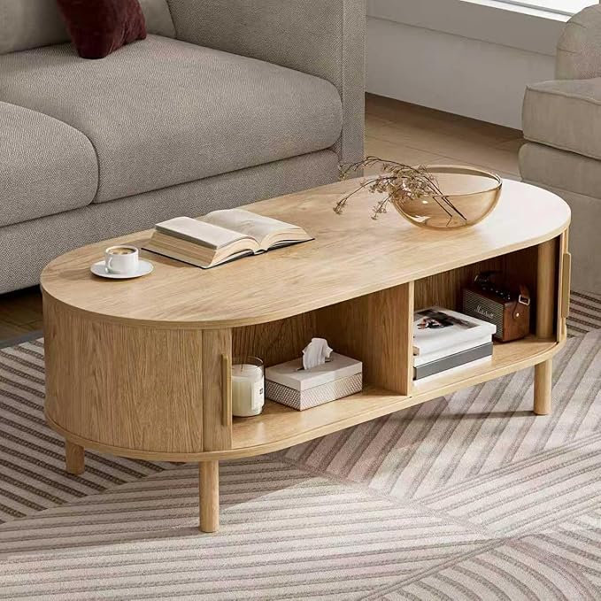 Coffee Table for Living Room, Modern Oval Coffee Table with Cabinets & Sliding Doors, Home Small Space, 47.2" Fluted Center Table, Natual