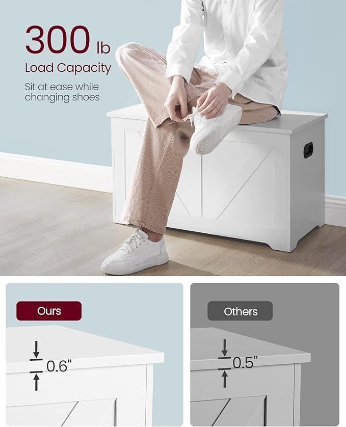 VASAGLE Storage Chest, Storage Trunk with 2 Safety Hinges, Storage Bench, Shoe Bench, Farmhouse Style, 15.7 x 31.5 x 18.1 Inches, for Entryway, Bedroom, Living Room, Cloud White ULSB062T14