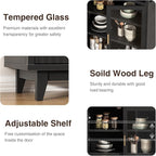 Arched Cabinet with Glass Doors, Fluted Tall Pantry with Solid Wood Legs, 71" Modern Accent Cabinet for Living Room, Kitchen, Dining Room, Entryway, Black