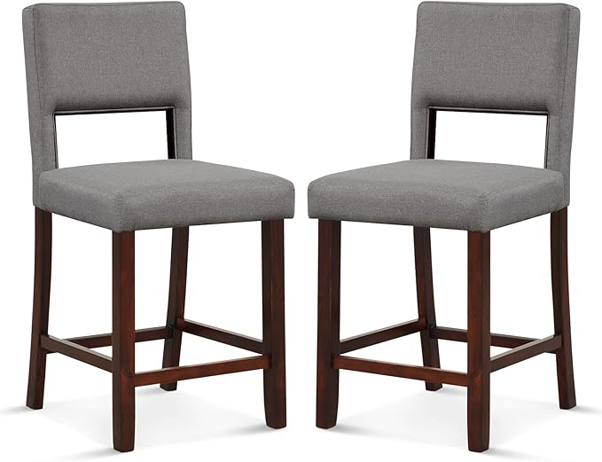 COSTWAY Bar Stools Set of 2, Linen 24.5 Inch Counter Height Chairs with Hollowed Backs, Rubber Wood Legs, Upholstered Barstools for Kitchen Island Home Bar Pub Dining Room, Grey