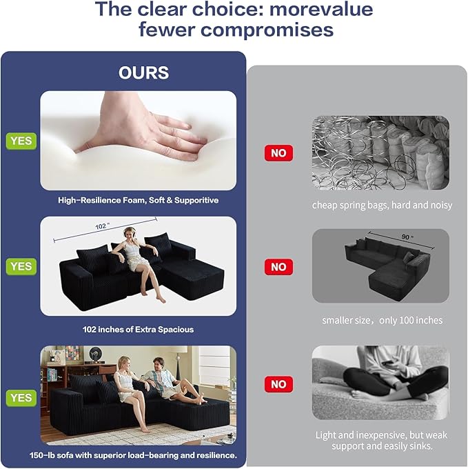 102" Black Couch for Living Room,Boneless Couch No Assembly Required,Comfy Couches with Oversized Chaise,Compressed Sofa for Any Room,Modern Sofa-Corduroy