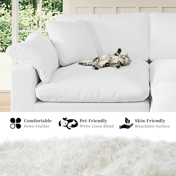 Modular Sectional Sofa Cloud Couch,Down Filled Comfy Cloud Modern Sofa,White Linen L Shape Oversized Couch Cushion Covers Removable for Living Room