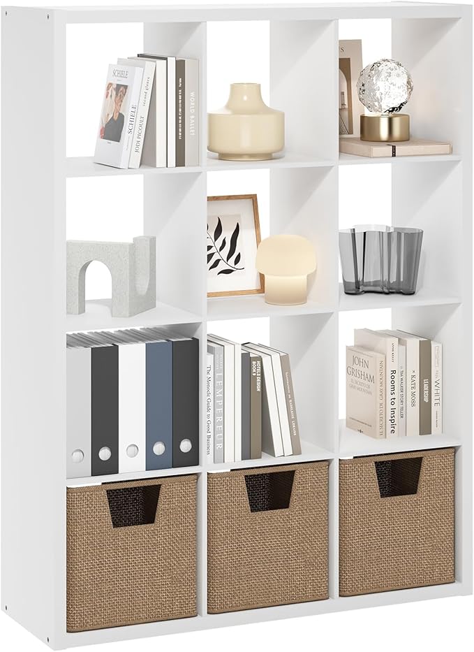 Furinno Cubicle Book Shelf, 12-Cube Thick Frame Bookshelf, Reversible Bookcase with Open Back, 14.6 x 43.8 x 58, for Living Room, Bedroom, Home Office, White