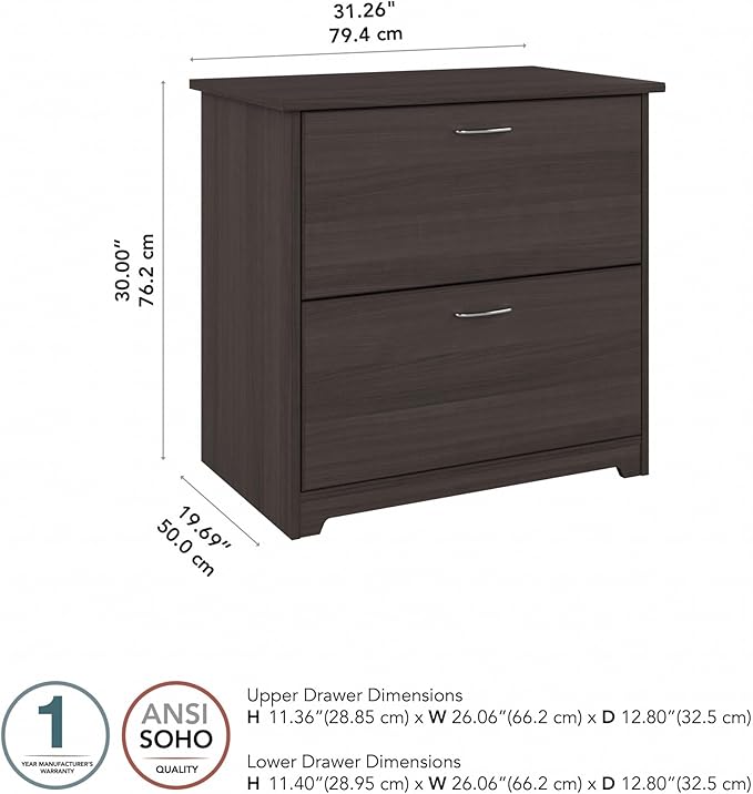 Bush Furniture Cabot 2 Drawer Lateral File Cabinet in Heather Gray, Home Office Chest for Letter, Legal, and A4-size Document Storage