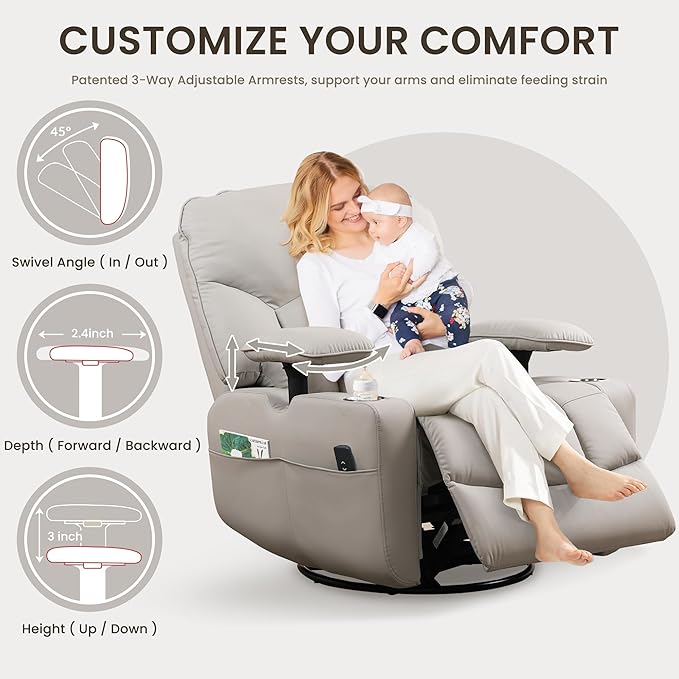 GRAINELL Rocking Chair Nursery, Electric Swivel Recliner Glider with Adjustable Armrests, Nursing Chair with USB Charger, Cup & Blanket Holders,Grey PU Leather