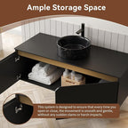 48 Inch Bathroom Vanity with Sink, Floating Fluted Vanity with Vessel Sink, Modern Wall Mounted Bathroom Vanity Cabinet with 2 Doors, Black Vessel Sink & Sintered Stone Top, Black