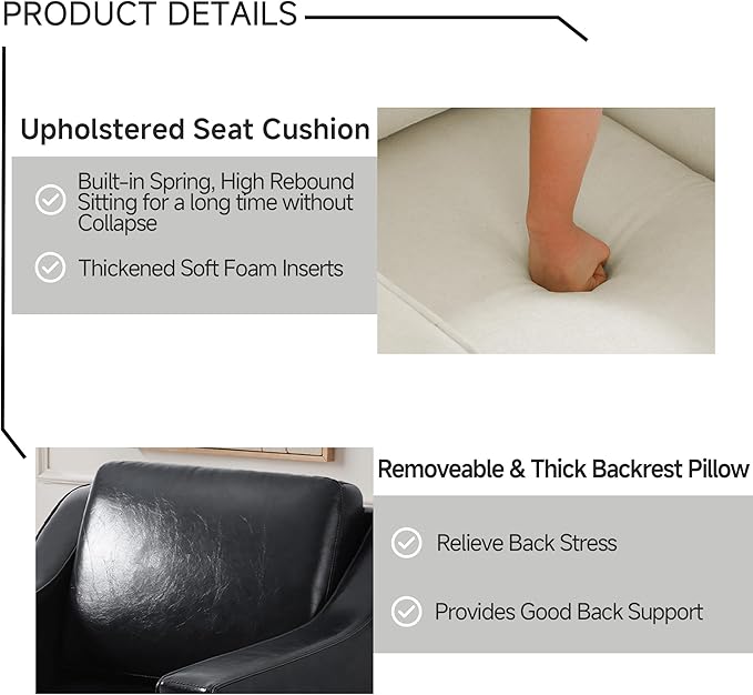 UIXE Swivel Accent Chair Set of 2, Faux Leather Upholstered Arm Chair for Living Room, Modern Club Armchair Comfy Single Sofa Bedroom Reading Seat with Lumbar Pillow - Black
