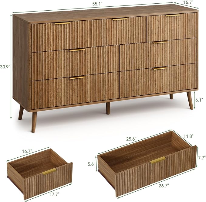 LYNSOM Fluted Dresser and Nightstand Set, 3 Pieces Bedroom Set, 55 Inch Wide 7-Drawer Dresser & 2-Drawer Nightstands Set of 2, Modern Dressers Set for Bedroom, Hallway, Natural Oak