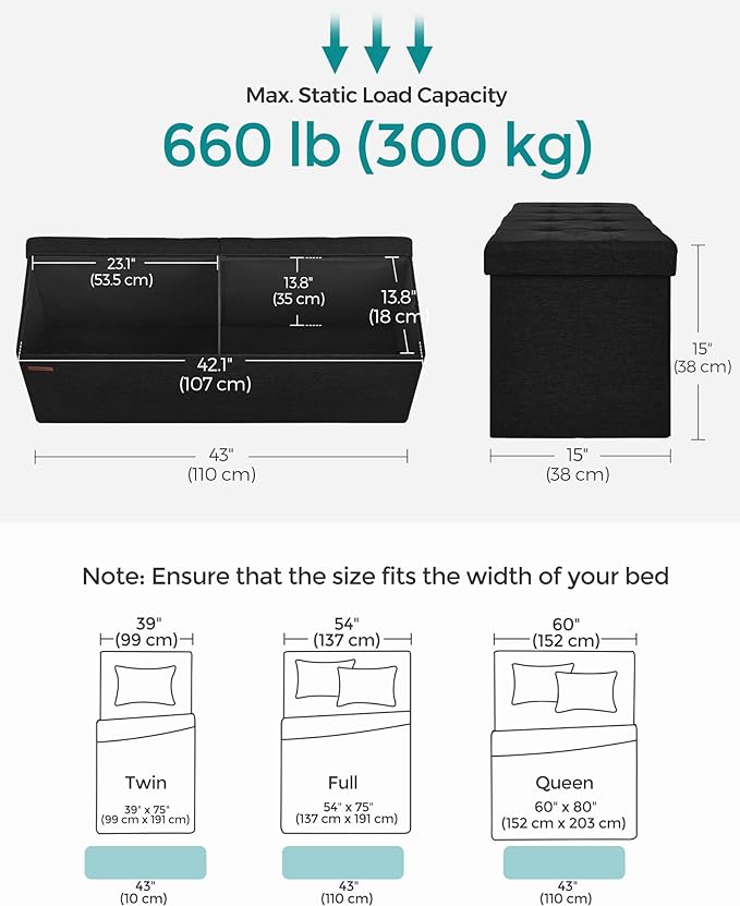 SONGMICS MAZIE Collection - 43 Inches Folding Storage Ottoman Bench, Ottoman Foot Rest, End of Bed Bench, Storage Chest, Load 660 lb, for Living Room, Bedroom, Entryway, Ink Black ULSF077B01