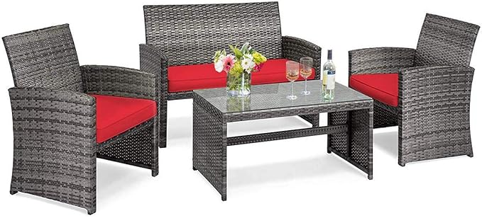 COSTWAY Patio Furniture Set 4 Pieces, Outdoor Wicker Chairs Sofa w/Coffee Table and Soft Cushions, Rattan Conversation Sets for Patio Lawn Backyard Yard Pool Garden, Red