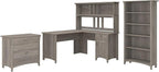 Bush Furniture Salinas L Shaped Desk with Hutch, File Cabinet and 5 Shelf Bookcase | 3 Piece Home Office Furniture Set in Driftwood Gray | L Shaped Corner Table with Storage