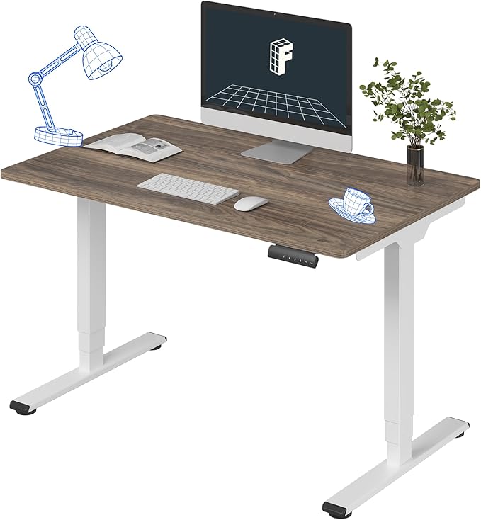 FLEXISPOT E6 3 Stages Dual Motor Electric Standing Desk 48x30 Inch Whole-Piece Board Height Adjustable Electric Sit Stand Desk（White Frame + Brown Wood Grain Desktop, 2 Packages）