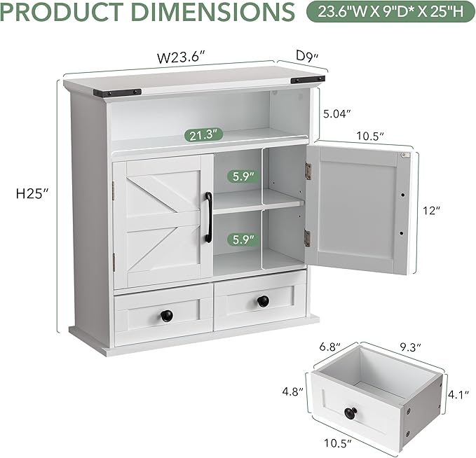Bathroom Wall Cabinet, 23x25 Inch Farmhouse Medicine Cabinet Over Toilet with Drawer 2 Doors, Motion Lighting & Adjustable Shelves, White Above Toilet Storage for Laundry, Kitchen