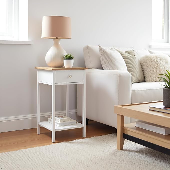 Side Table - Small Night Stand with Drawer and Open Storage Shelf - Traditional Style Bedroom or Living Room Furniture - Use as Bedside Table or End Table by Lavish Home (White)