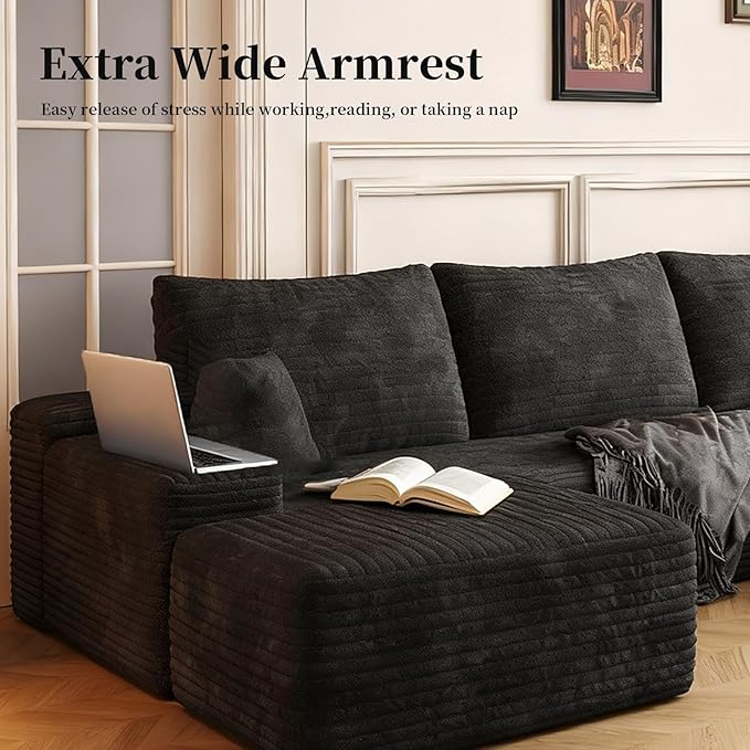 107.5" Cloud Modular Sectional with Ottoman, U-Shaped Sofa for Living Room, Modern Minimalist Couches, Deep Seat Comfy Couch & Reversible Chaise, No Assembly Required (Black, Right Facing Chaise)