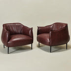 KINWELL 33" W Faux Leather Barrel Chairs Set of 2 with Hand-Tufted Pleated Back Flared Arms, Modern PU Upholstered Accent Chairs with Metal Legs, Large Armchairs Lounge Chairs for Living Room, Red