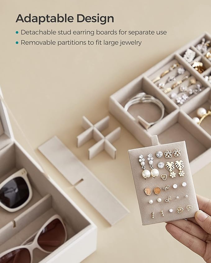 SONGMICS 2-Layer Jewelry Box, Jewelry Organizer with Handle, Removable Jewelry Tray, Jewelry Storage, Floating Effect, 8.1 x 9.4 x 4.3 Inches, Christmas Gift, White UJBC165W01