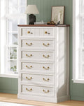 AOGLLATI Farmhouse Dresser with 6 Drawers, 51.2”Tall Wooden Rustic Chest of Drawers with Natural Texture, Vintage Design, Bedroom Dressers with Drawers for Bedroom, Antique White