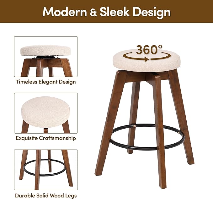 Swivel Premium Solid Wood Counter Stool 25", 360° Rotating Upholstered Cushion, Backless Bar Chair for Island, Pub, Kitchen, Dining Room (Walnut)