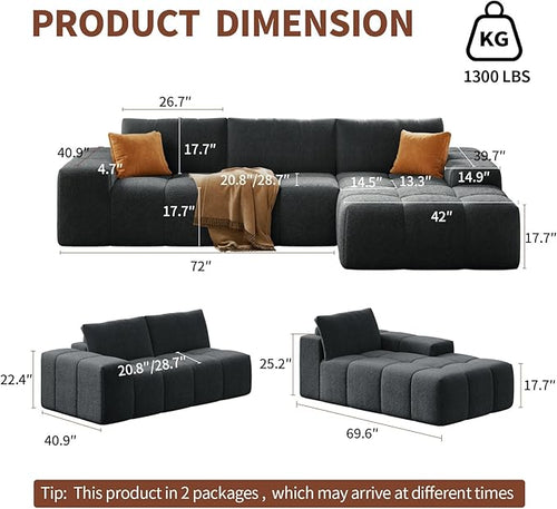 114” Oversized Modular Sectional Couch for Living Room, Chenille Boneless Couch L-Shape Cloud Sofa with Deep Seat and Chaise, Memory Foam Compressed Sofa for Living Room Furniture Bedroom Apartment