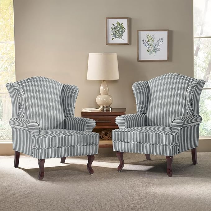 Pia Ricco Stripe High Back Floral Accent Chair, Upholstered Fabric Armchair with Solid Wood Legs - Retro Living Room Reading Chair, Comfortable Single Sofa Seat-Gray