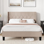 Novilla Queen Size Bed Frame, Queen Bed Frame with Headboard, Linen Upholstered Pull-Point Wing Side Headboard, No Box Spring Needed, Heavy Duty Feet, Easy Assembly, Beige