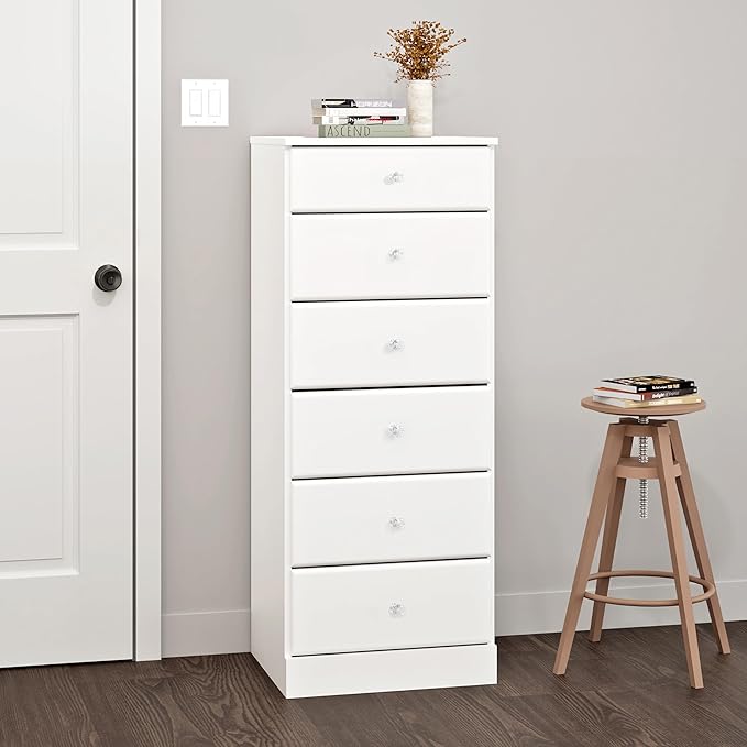 Prepac Astrid Simplistic 6-Drawer Tall Dresser for Bedroom, Functional Chest of Drawers with Acrylic Knobs, 16.5"D x 19.75"W x 50"H, Crystal White