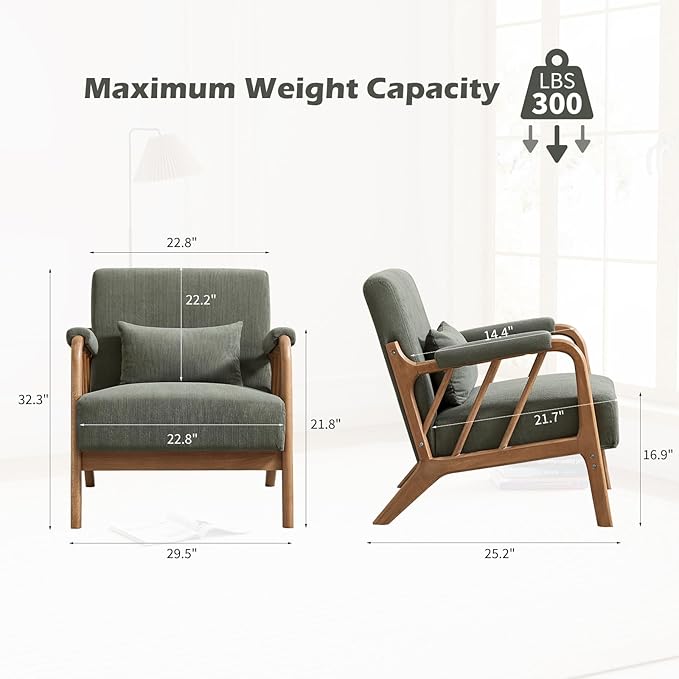Mid Century Modern Accent Chair with Solid Wood Frame, Upholstered Living Room Chairs with Lumbar Cushion Padded Arms, Reading Armchair for Bedroom Set of 2, Green