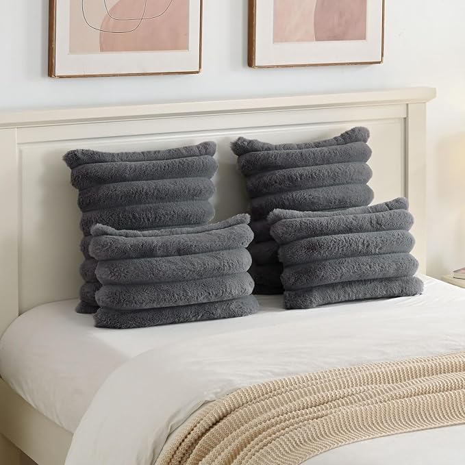 FUTEI Dark Grey Decorative Throw Pillow Covers 24x24 Inch Set of 2, Square Soft Faux Rabbit Fur Big Striped Pillow Sham,Home Decor for Couch Sofa Bed Living Room