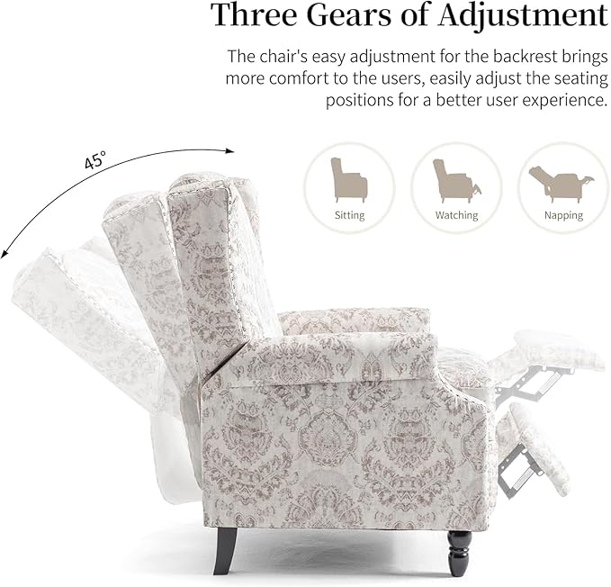 Wingback Recliner Chair Set of 2, Floral Fabric Pushback Recliner Chair, Upholstered Armchair Push Back Recliner, Rivet Trim Single Sofa Accent Chair with Wood Legs for Living Room, Beige