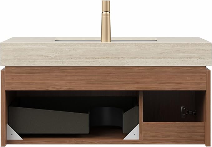 Bathroom Vanity with Sink 36 Inch, Floating Bathroom Vanity Sink Cabinet with Drawer and Door, Undermount Sink & Travertine-Pattern Sintered Stone Top, Pre-Assembled, Espresso