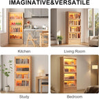 74"H Tall Soild wood Bookcase with 3 color LED light and Glass Door, 5 -Tier Wooden Book case and bookshelf, Large Display Storage Organizer Cabinet with Shelves for Study Home Office Living Room