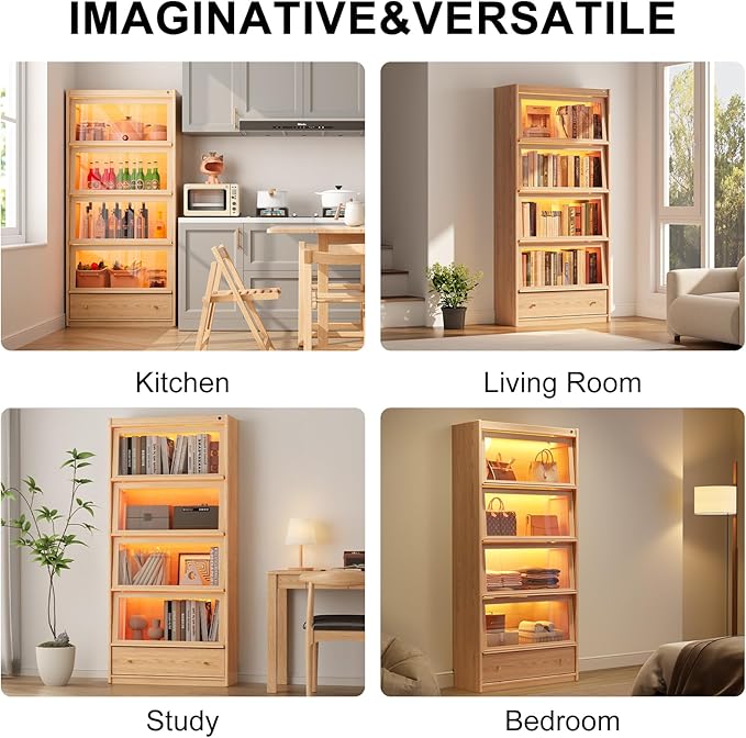 74"H Tall Soild wood Bookcase with 3 color LED light and Glass Door, 5 -Tier Wooden Book case and bookshelf, Large Display Storage Organizer Cabinet with Shelves for Study Home Office Living Room