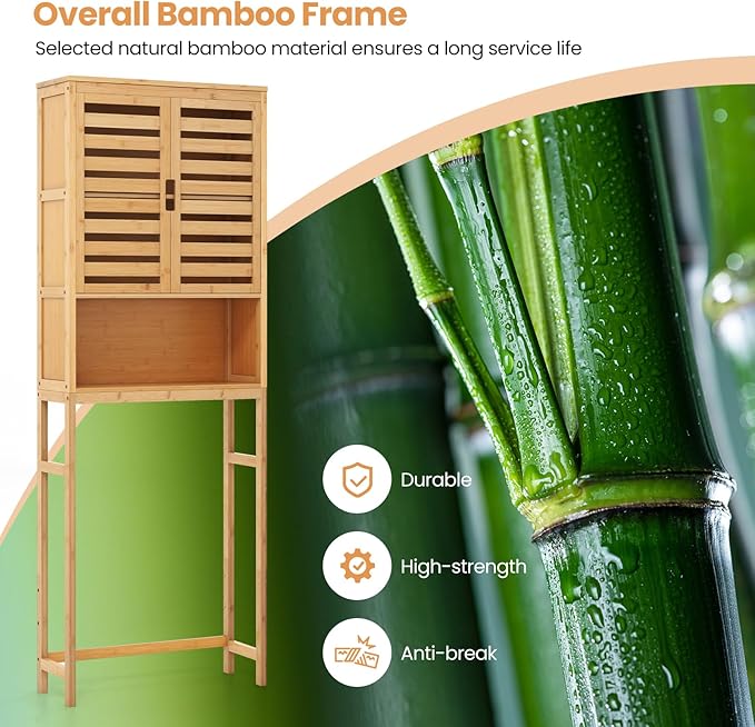 Giantex Over The Toilet Storage Cabinet, 4-Tier Bamboo Bathroom Space Saver with 2 Louver Doors, Open Shelf, Adjustable Bottom Bar, Over Toilet Bathroom Organizer for Laundry, Balcony, Restroom