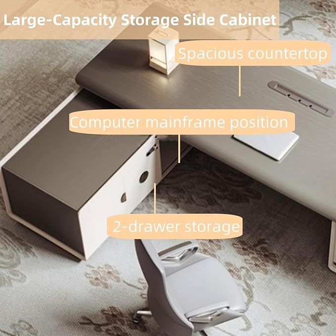 70IN L-Shaped Executive Desk with Drawer Cabinet, Executive Office Desk with LED Strip & Exquisite Handle & Fashionable Pattern Design
