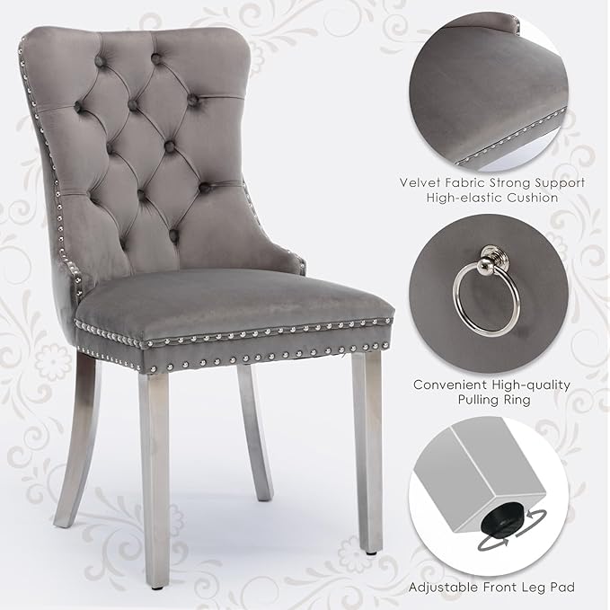 Velvet Upholstered Dining Chairs Set of 2, Modern Style Kitchen Side Chairs with Nailhead Trim and Silver Plated Leg, Metal Pulling Ring for Dining Room Living Room(Gery-Silver Plated Leg)