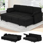 110" Fabric Pull-Out Couch Bed w/Adjustable Backrests, Sectional Sleeper Sofa w/USB Ports & 2 Cup Holders, Upholstered U-Shaped Couch w/Storage Chaise for Living Room, House, Black