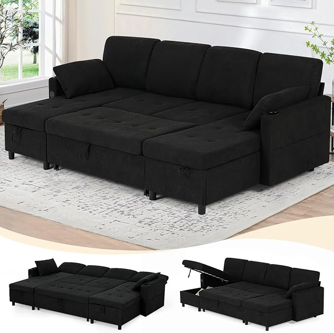 110" Fabric Pull-Out Couch Bed w/Adjustable Backrests, Sectional Sleeper Sofa w/USB Ports & 2 Cup Holders, Upholstered U-Shaped Couch w/Storage Chaise for Living Room, House, Black