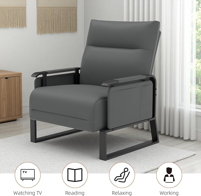 Upholstered Accent Chair, Modern Faux Leather Sofa Chair with Foldable Side Tray Table & Storage Pocket, Small Accent Sofa for Living Room, Bedroom, Reception Room, Gray