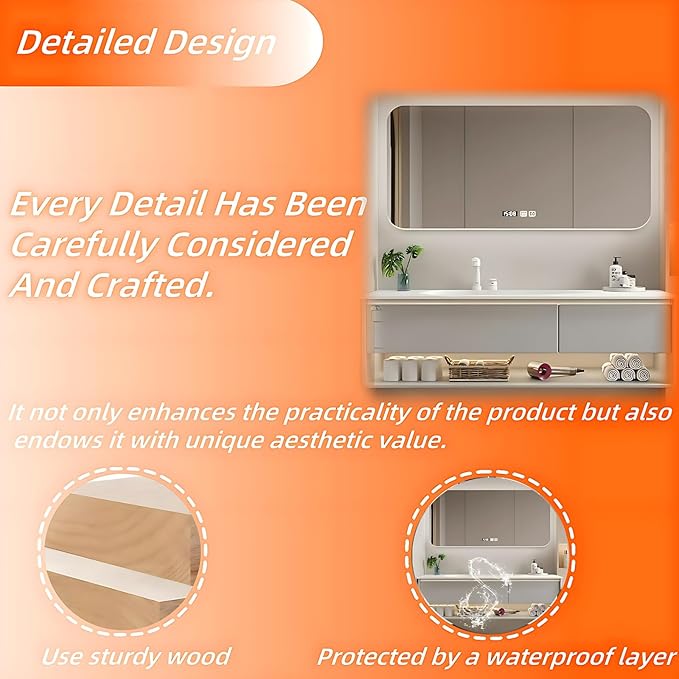 48IN Grey Bathroom Vanity Set - Floating Bathroom Vanity with Single Sink | Including LED Smart Defogging Mirror Cabinet & Time Display Function, Equipped with Motion Sensing Light Strip (Style B)