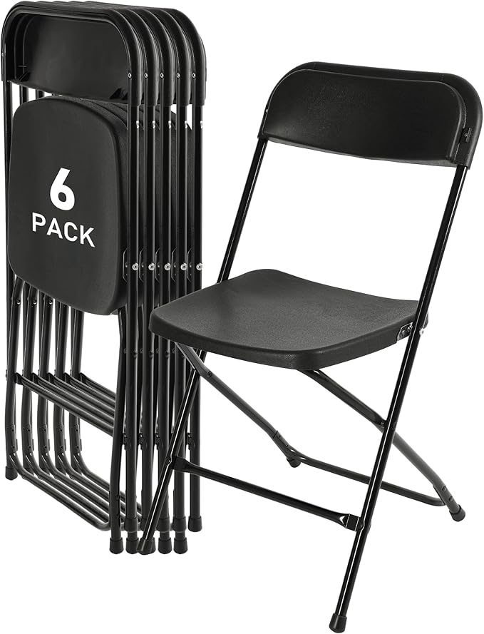 SEALAMB 6 Pack Black Plastic Folding Chairs for Indoor Outdoor, Portable Commercial Seat with Steel Frame for Home Office Wedding Party Events, 350lb Capacity (Black-Plastic, 6 Pack)