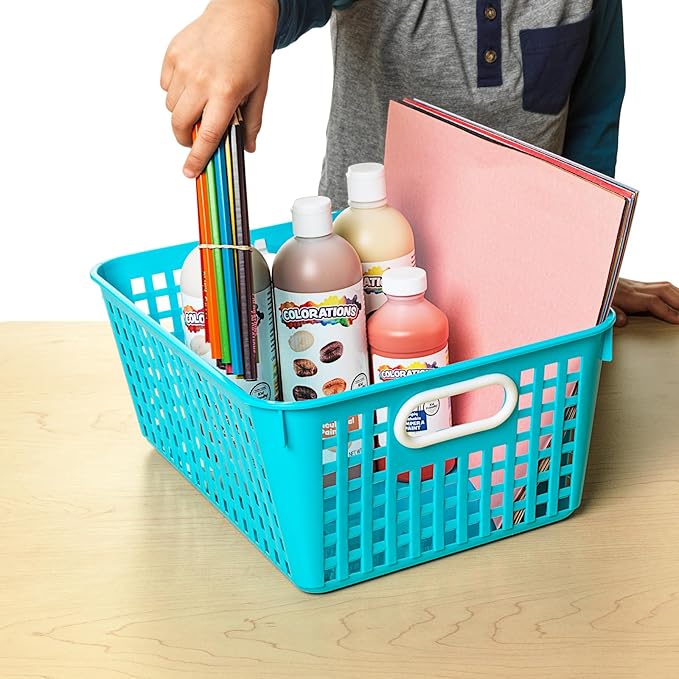 Really Good Stuff Multi-Purpose Plastic Storage Baskets for Classroom or Home Use - Stackable Mesh Plastic Baskets with Grip Handles 13" x 10" (Neon Blue - Set of 12)