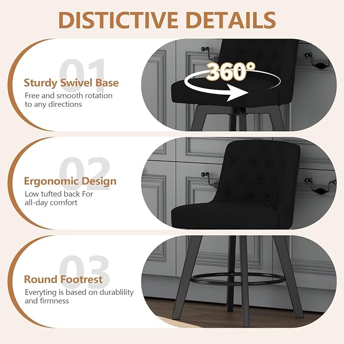 MINCETA Bar Stools Set of 4, 26 Inch Upholstered Barstools with Low Tufted Back and Footrest, Swivel Counter Height Barstools for Kitchen Island Home Bar Performance Fabric Black