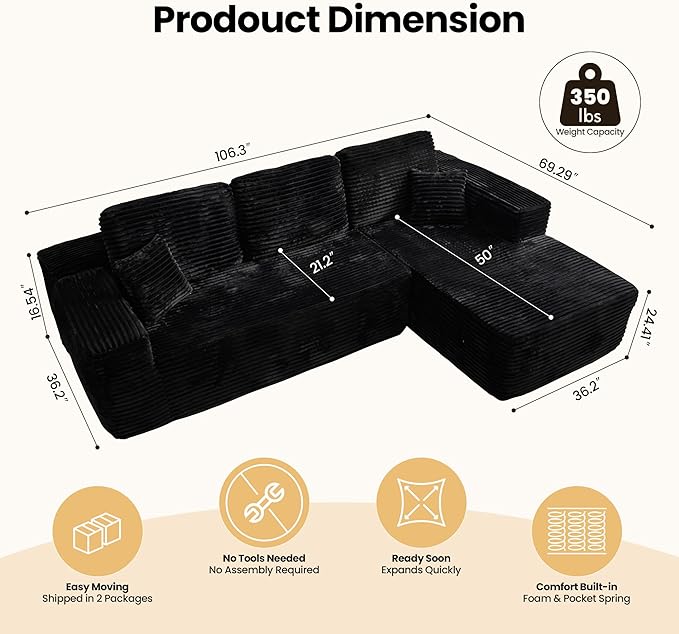104" Cloud Sectional Couch with Chaise, Boneless L-Shaped Cloud Couch with Deep Seat, Soft Plush Modern Minimalist Sofa, Assembly Free Comfy Sofa for Office Living Room Apartment(Black, Right Chaise)