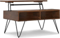 SIMPLIHOME Hunter Small Lift Top Coffee Table - 36 inch Wide Solid Walnut Veneer and Metal Industrial Cocktail Table, Living Room Table with Hidden Storage, 2 Cubbies, and Hairpin Legs