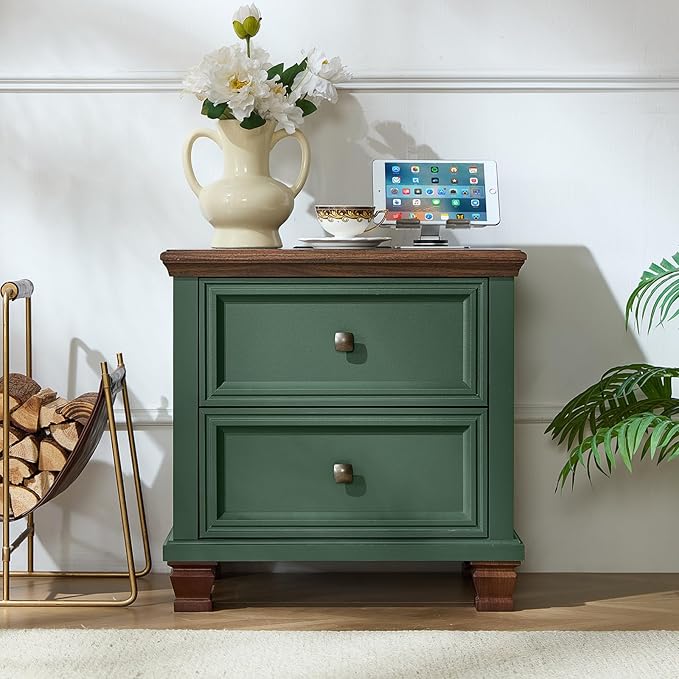 Farmhouse Nightstand Set of 2 for Bedroom, Mid-Century Low Nightstands with 2 Drawers & Charging Station, Vintage Night Stands with 4 Square Solid Wood Legs, Small Dresser for Home, Green